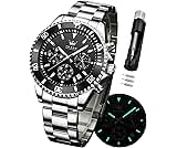 OLEVS Watches for Men Stainless Steel Analog Quartz Chronograph Moon Phase Watch Waterproof Date Luminous Wrist Male Watches,Gift for Men