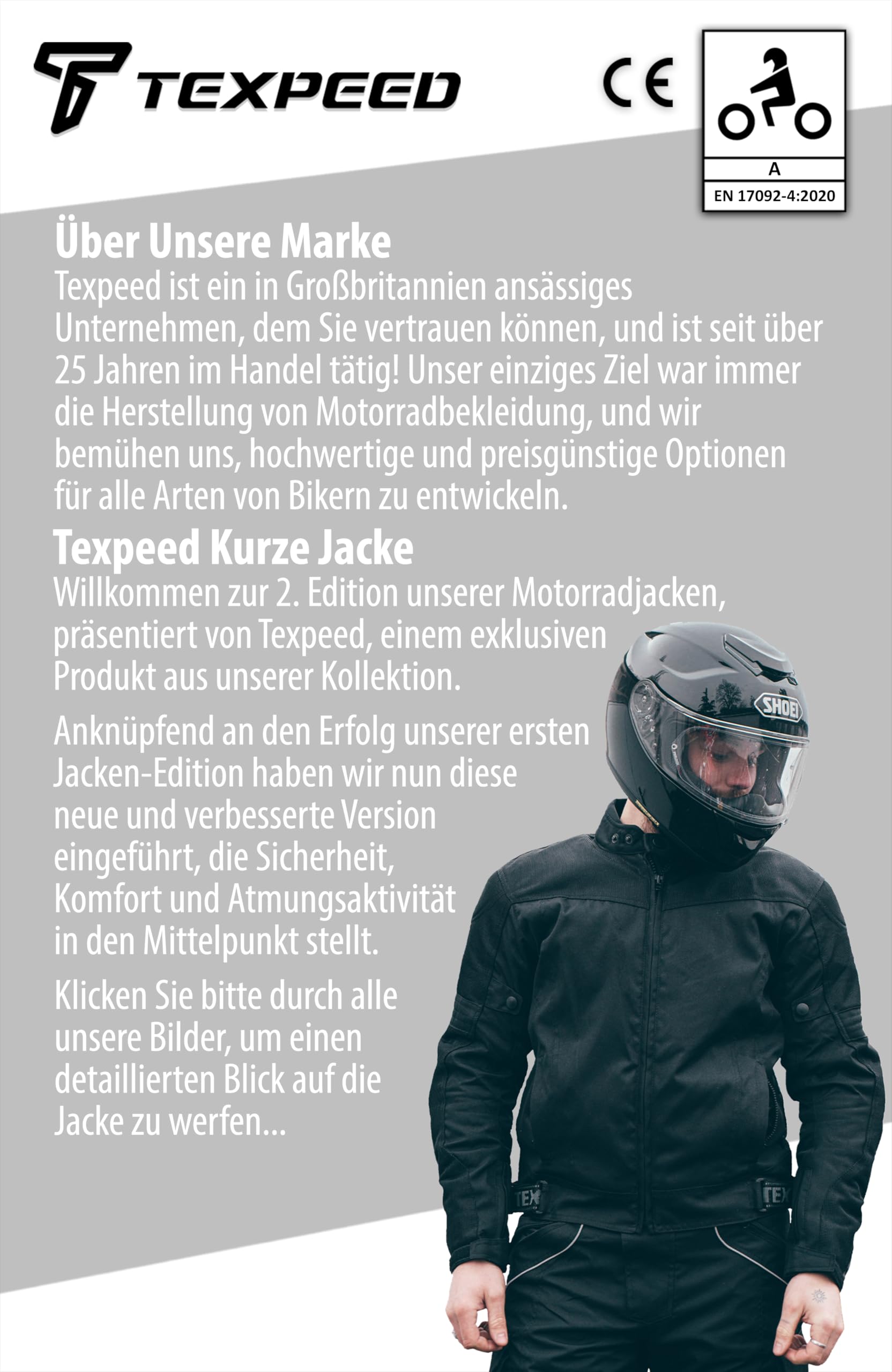 Texpeed Motorradjacke herren mit protektoren - Motorrad Motorroller Biker Wasserdicht Jacke Mit Rüstung (EN 1621-1) Schwarz - XL