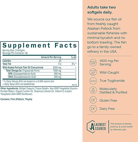 Miniatura 14 de True Grace Aceite de pescado omega-3 - 60 cápsulas blandas - 1400 mg de EPA + DHA - Salud cerebral, cardíaca, articular e inmunológica - Orgánico