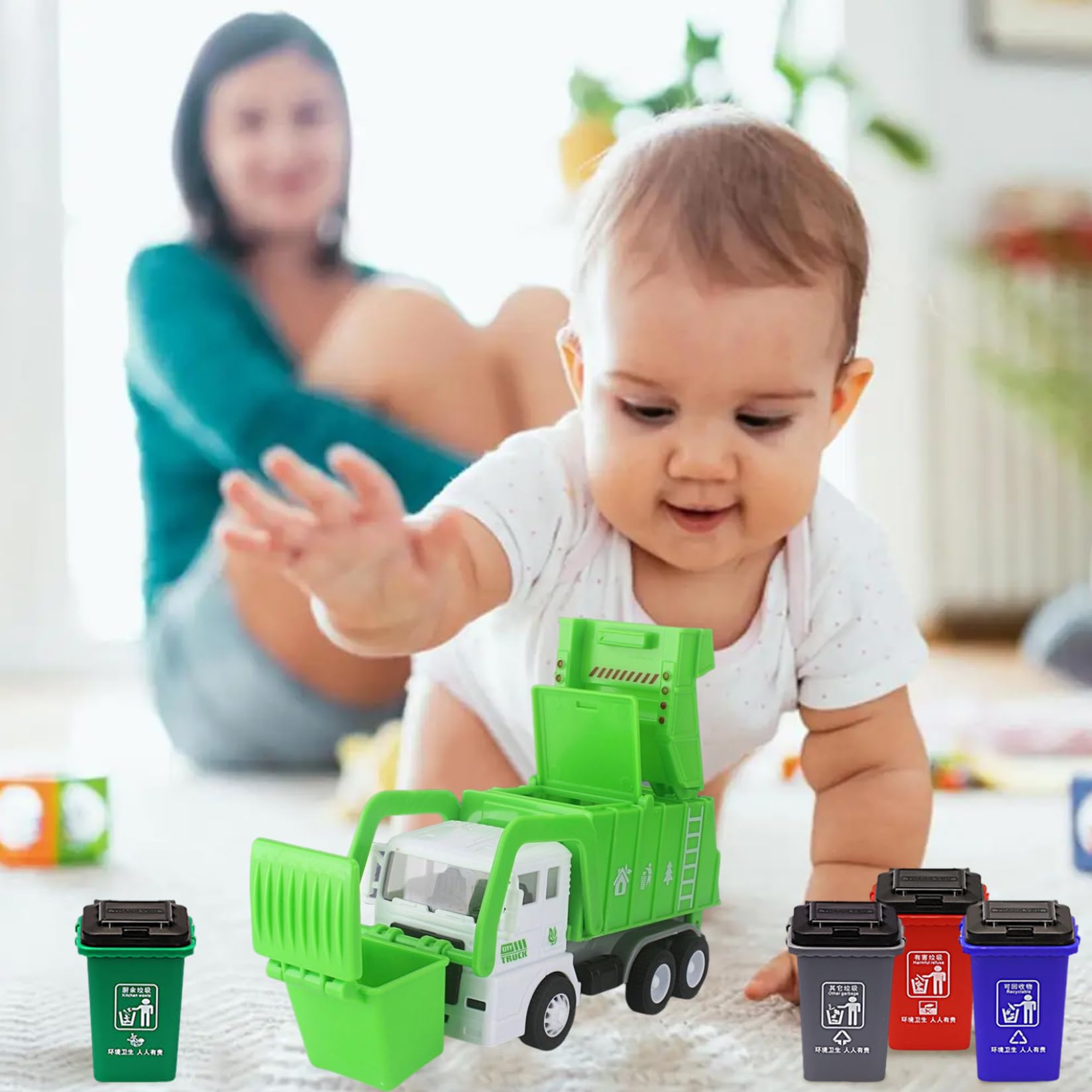 Camion della Spazzatura, 1 Set di Giocattoli per Camion della Spazzatura con 3 bidoni e 4 bidoni, Giocattolo interattivo educativo Realistico per Ragazzi dai 3 Ann