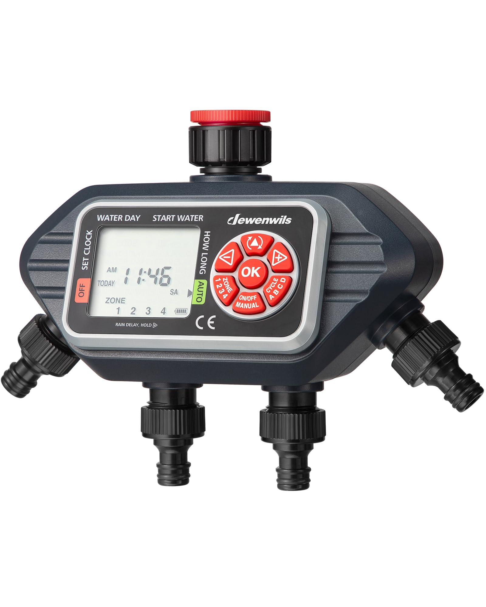 DEWENWILS Centralina irrigazione 4 vie, 4 Opzioni di Programmazione per vie, Timer Irrigazione Automatica, Ritardo della Pioggia/Modalità Manuale, Orologio da Giardino per Prati, Giardini