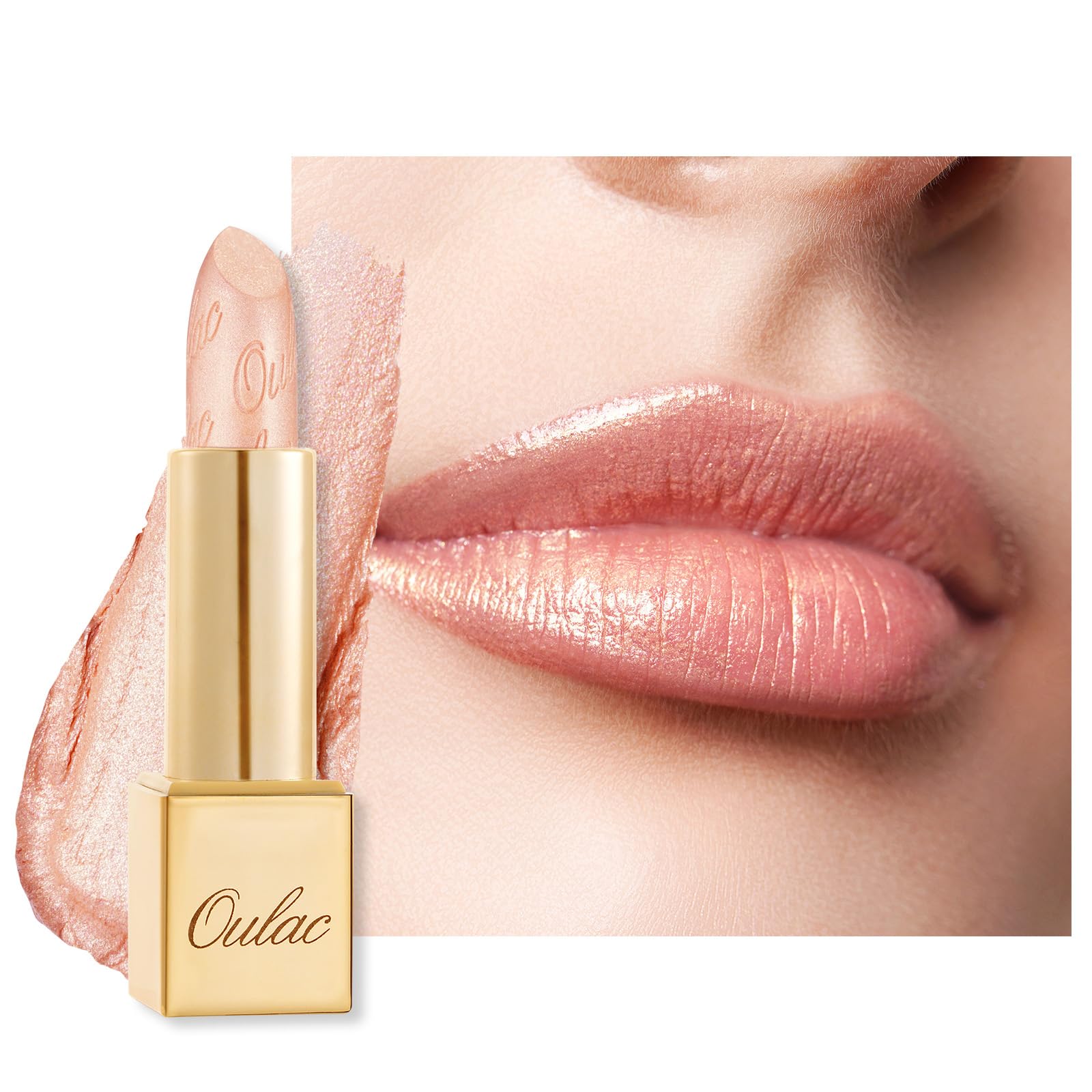 OulacLipstick Metallic Shine Finish, Peach Glitter Lipstick with Long Lasting 3D Shine, Intense Colour, Creamy and Moisturising Formula, Vegan, 4.3 g, (26) Free to be
