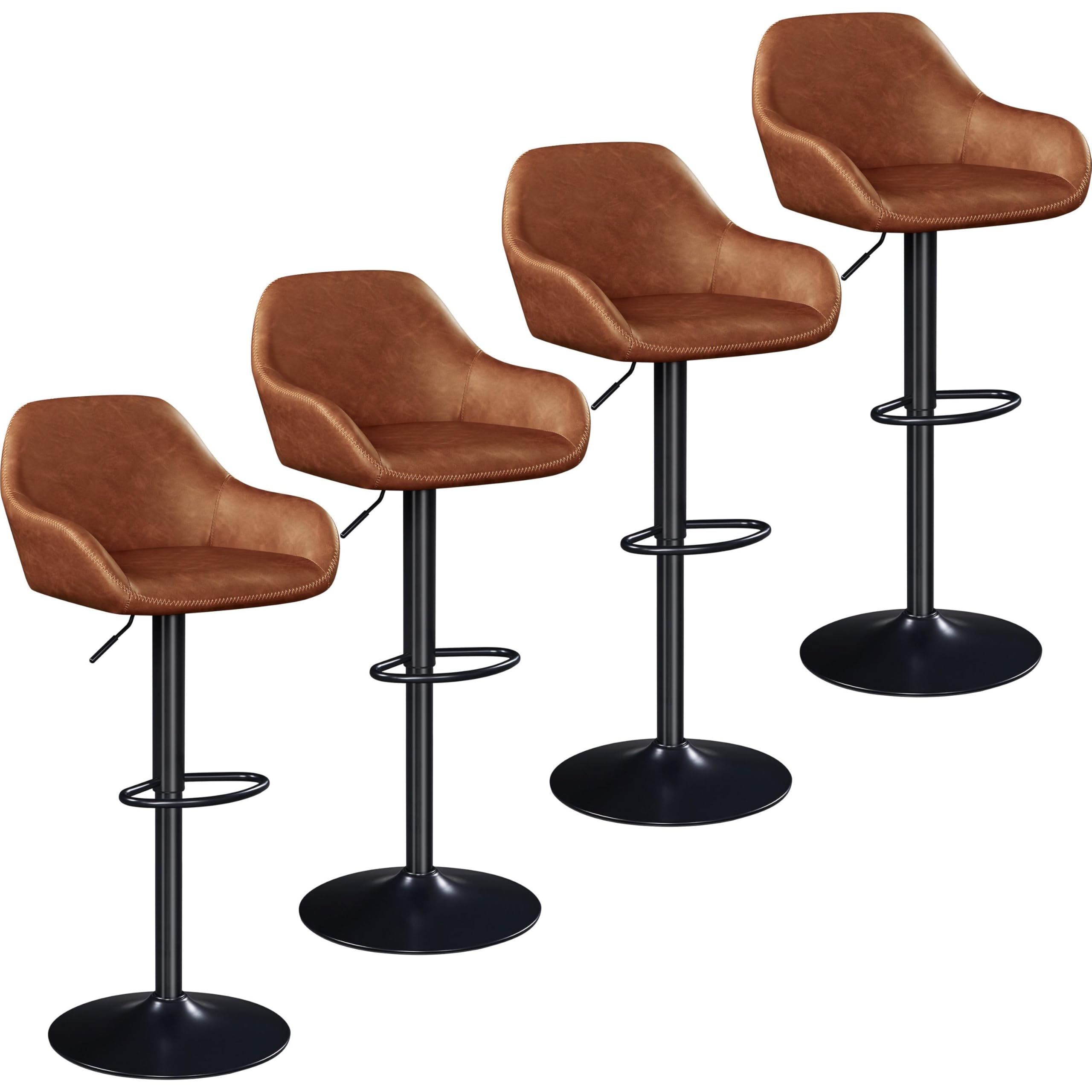 Yaheetech Bar Stools Set of 4, Height Adjustable Swivel Barstools, PU Leather Upholstered Bar Chair with Backrest, Armrests and Footrest for Home Kitchen, Retro Brown