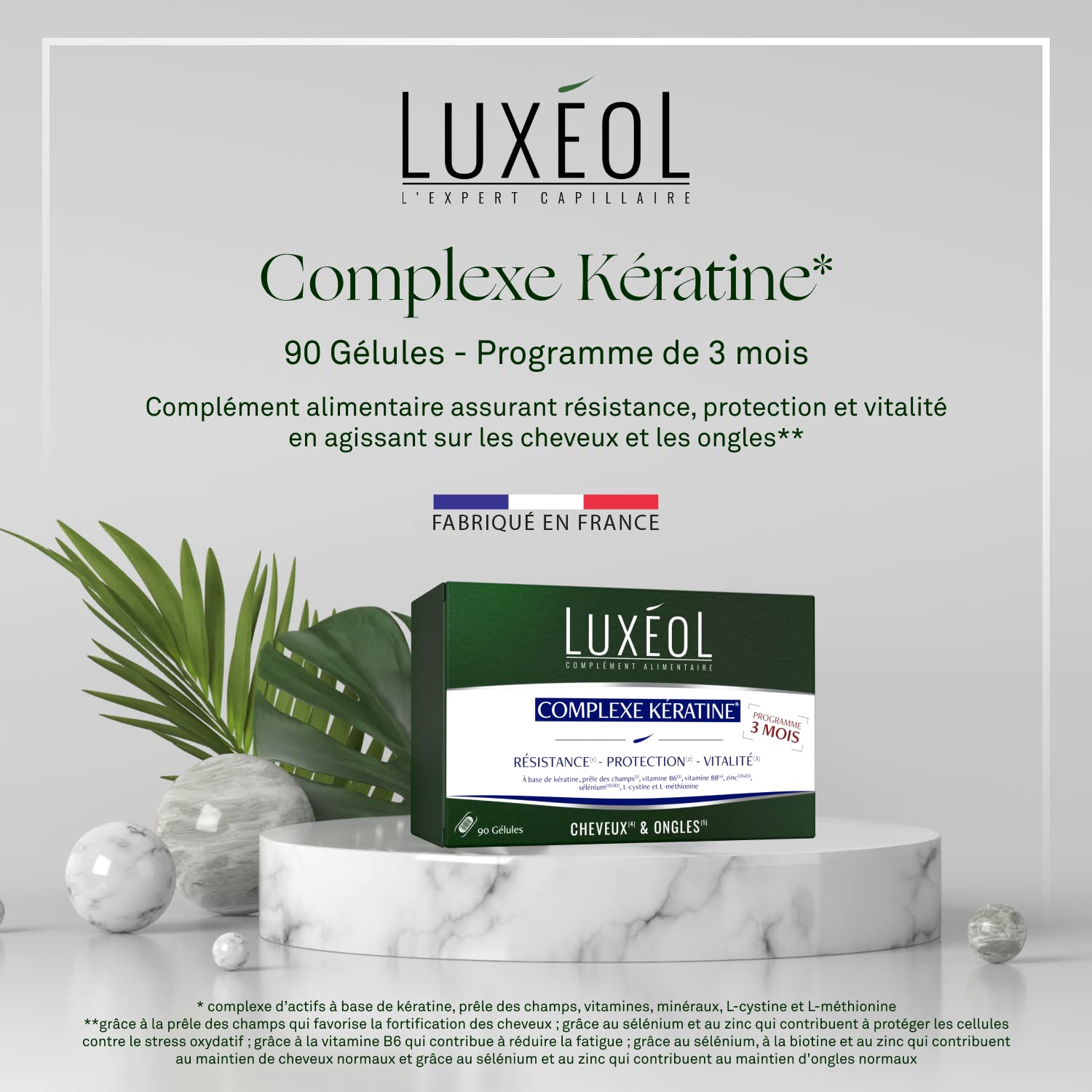 Luxéol - Complexe Kératine - Complément alimentaire - 90 gélules - 41g Beige/jaune & Pousse Croissance & Fortification - Complément Alimentaire - Programme Cheveux 3 Mois - 30 Gélules