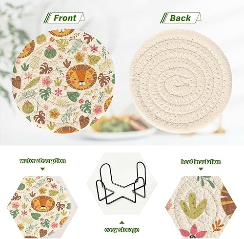 Miniatura 4 de Cute Lion Animal Tropical Plants Drink Cotton Coasters 4 Inch Set with Holder 6 Pack Absorbent Coasters for Drinks Absorbent Housewarming Gift Table