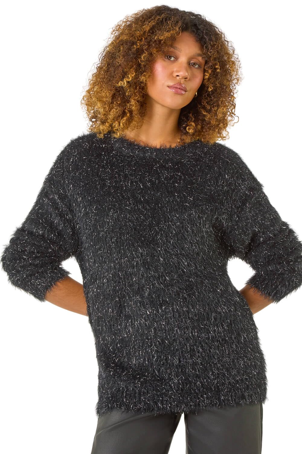 Roman Originals Women's Charcoal Tinsel Detail Knit Jumper For Uk - Everyday Autumn Winter Round Neckline Comfy Soft Evening Vacation Work Party Night Out - Size 14