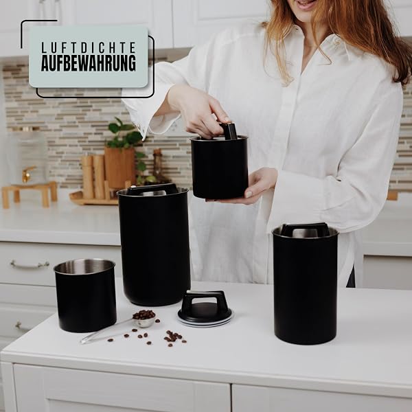 Barattolo ermetico per caffè in grani da 250 g, con coperchio sottovuoto, contenitore per caffè, tè, latta in acciaio inox con chiusura aroma, barattolo per caffè da 250 g, nero opaco (1000 ml) - 2