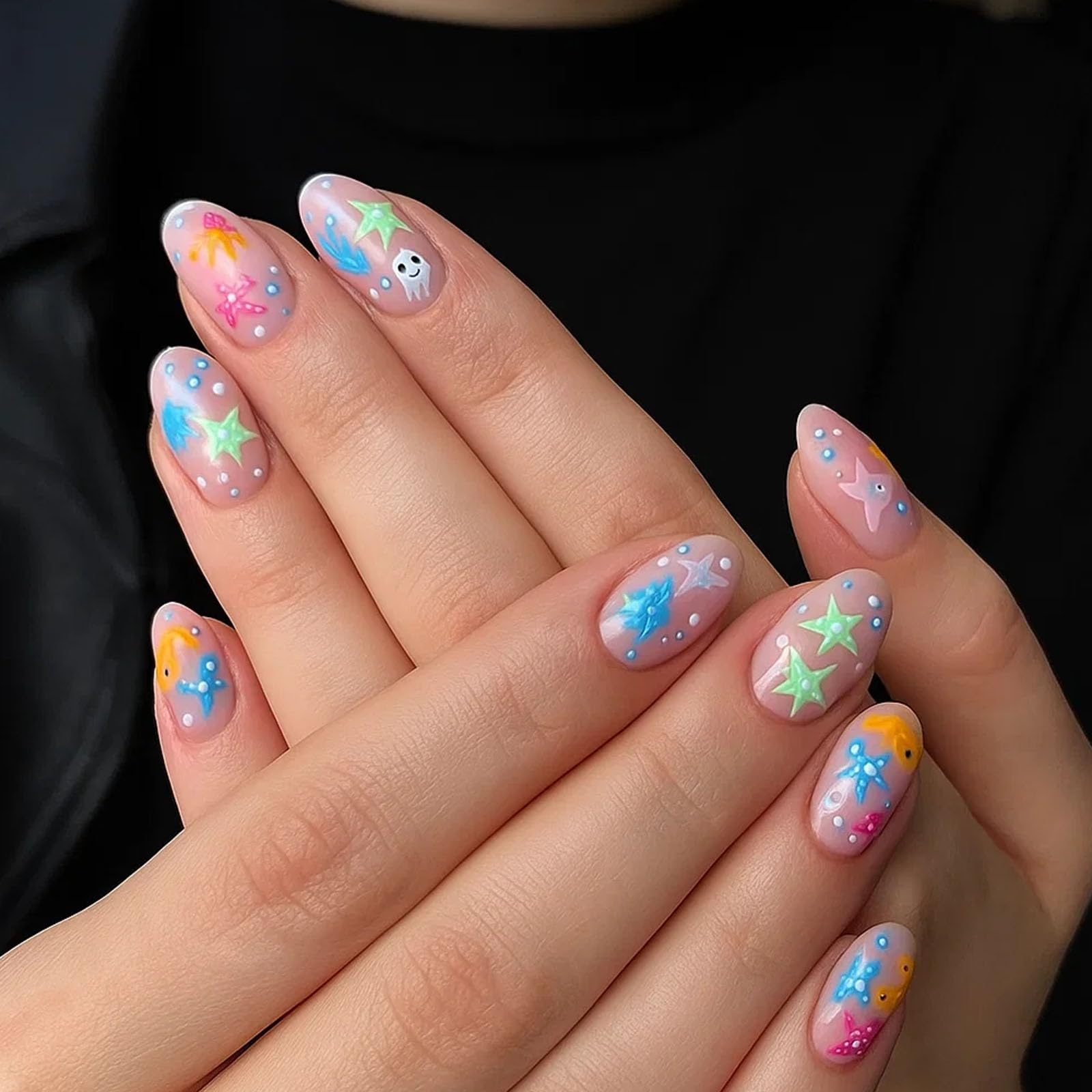 Transparent Blue Ocean Theme Oval False Nails with Colourful Starfish Fish & Glitter - Image 3