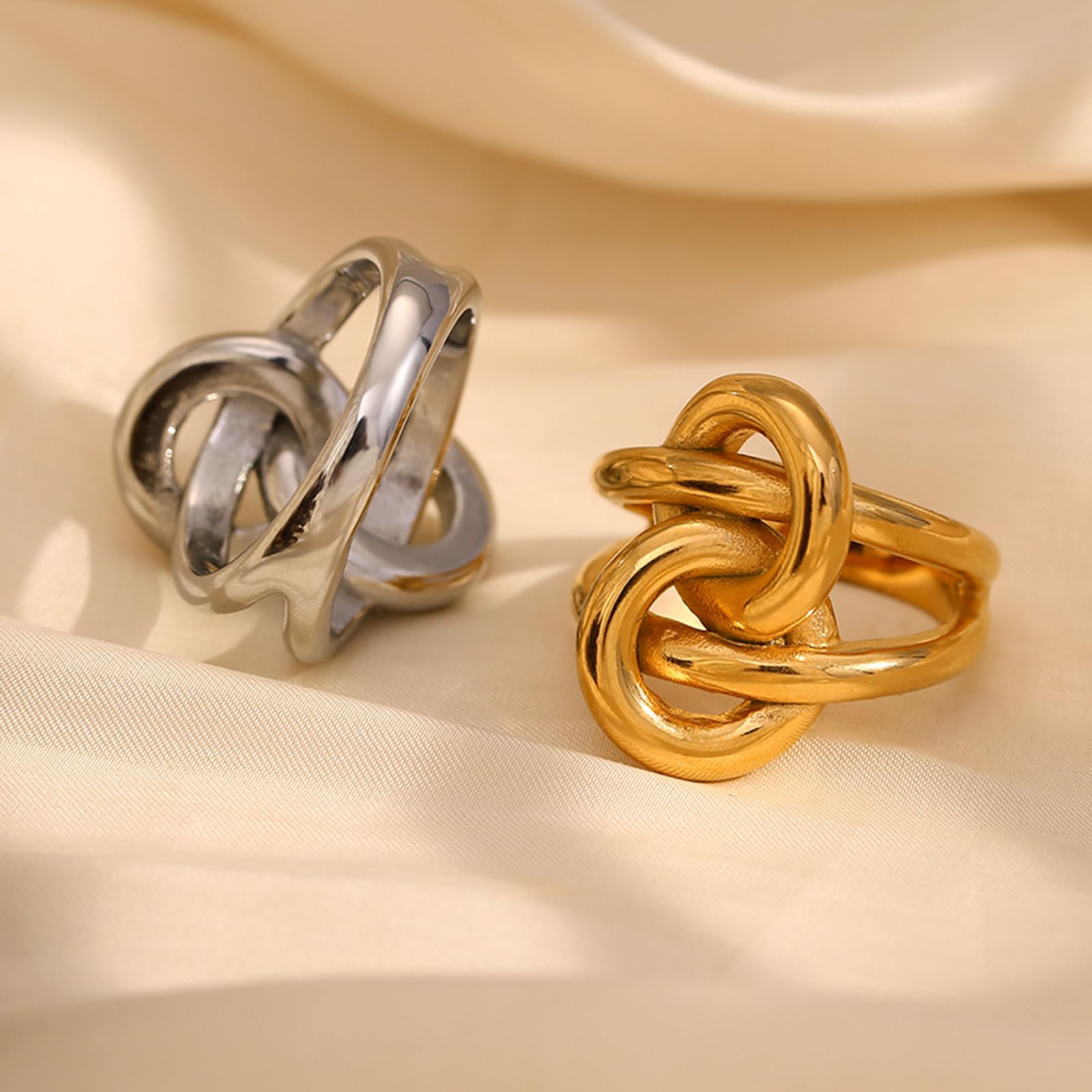 Doppelschichtige Knotenringe aus 18 Karat vergoldeten, robusten Edelstahlmaterialien für moderne Damen Freizeitkleidung Geometrische Knotenringe