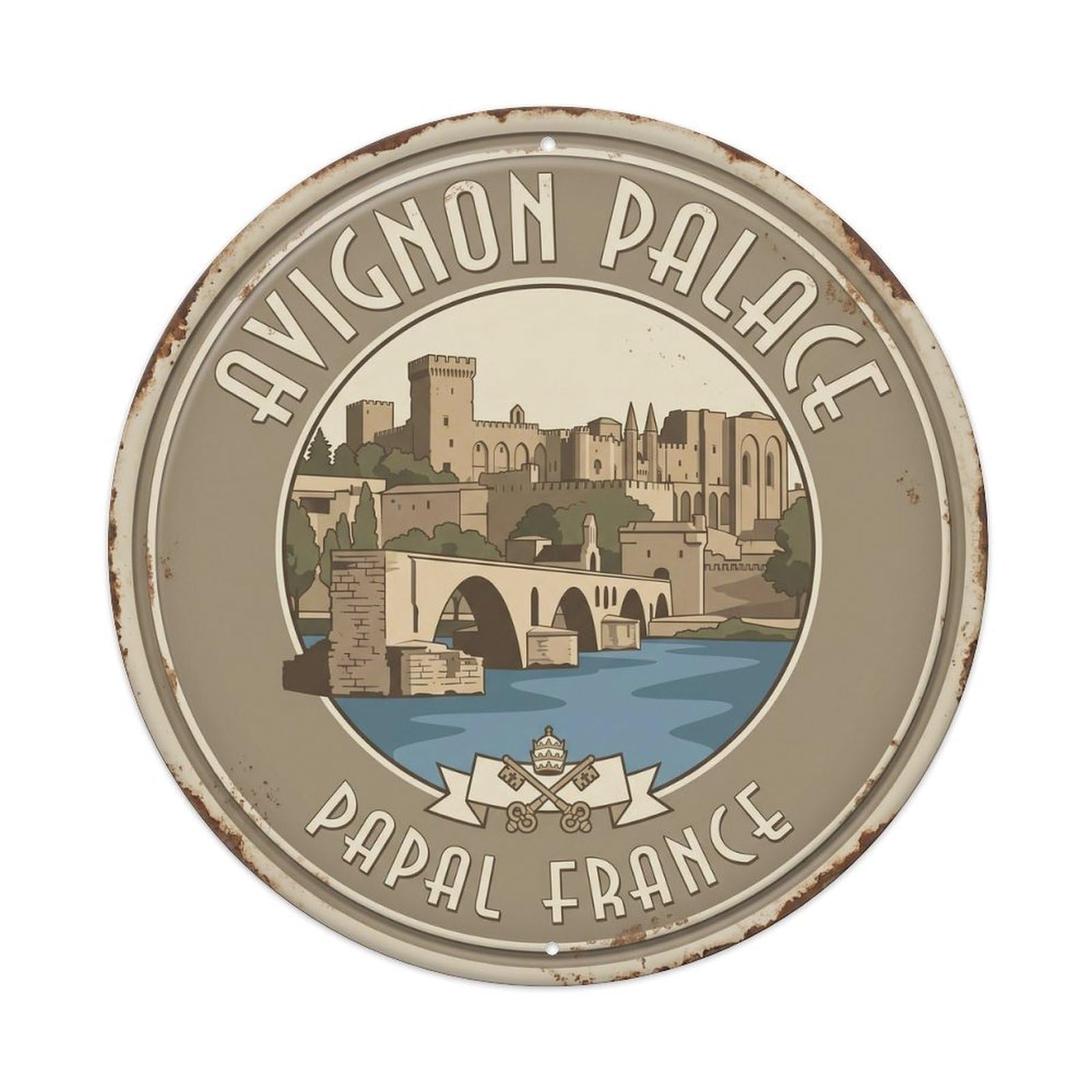 Avignon Palace Papal France Fortress Metal Tin Sign Plaque Wall Decor for Cafe, Club, Garden Round Metal Poster 8x8Inch
