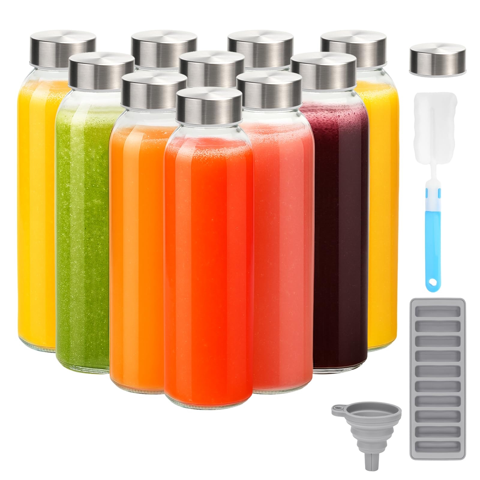 Zukro Glass Water Bottles with Lids 24 oz, 10 Pack Reusable Juice Bottles With Stainless Steel Airtight Cap for Juicing, Leak Proof Clear Drinking Jar Beverage storage container for Fridge, BPA Free