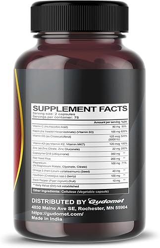 Miniatura 2 de Coenzima Q10 (Ubiquinona) Levadura Roja Arroz Espino Omega 3 Vitamina C Niacina Zinc Vitamina K2-150 Cápsulas - Fabricado en Estados Unidos