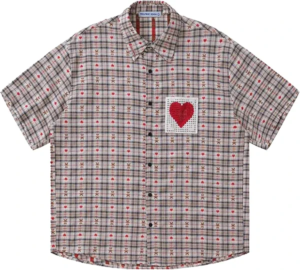 Aelfric Eden Cut-Out Heart Short Sleeve Shirt Collar Button Down Plaid Casual Tshirt Tops