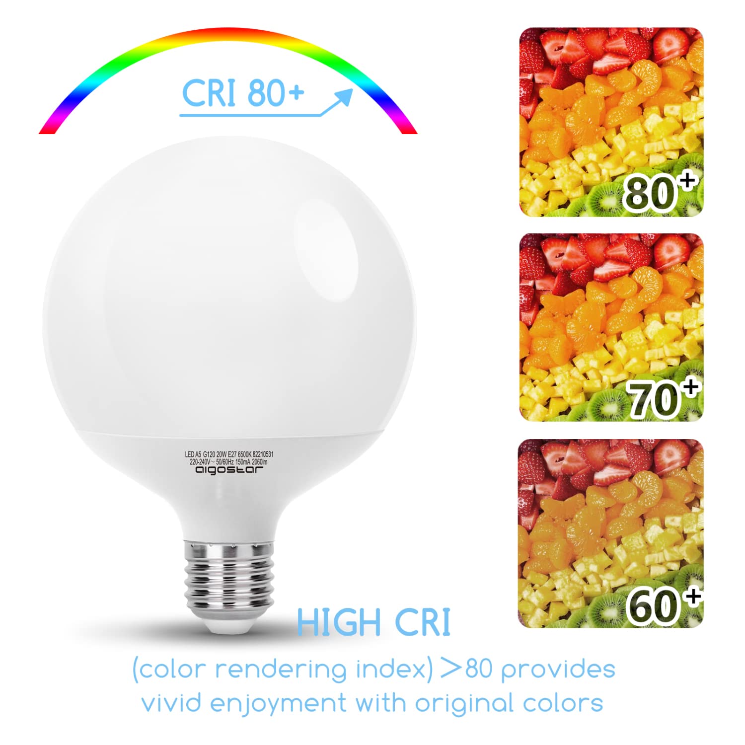 Aigostar - Bombillas LED E27 G120 Globo 20W Equivalente a 129W, Luz Fría 6500K, 2060 Lumen, CRI> 80, Ahorro de Energía, No Regulable, 3 Unidades