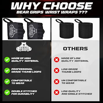 Bear Grips Wrist Wraps for Weightlifting | Weight Lifting Wrist Straps for Weightlifting | Extra Strength Gym Wrist Wraps | Two Wrist Wrap Per Pack | 12 & 18 | Lifting Wrist Wraps for Men & Women