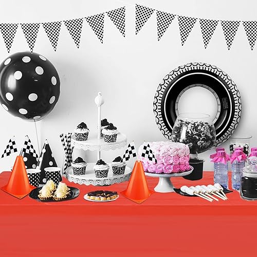 Miniatura 4 de 30 piezas de decoración a cuadros para fiestas de coches de carreras, mantel de bandera de carreras a cuadros, mini conos de tráfico, banderines de