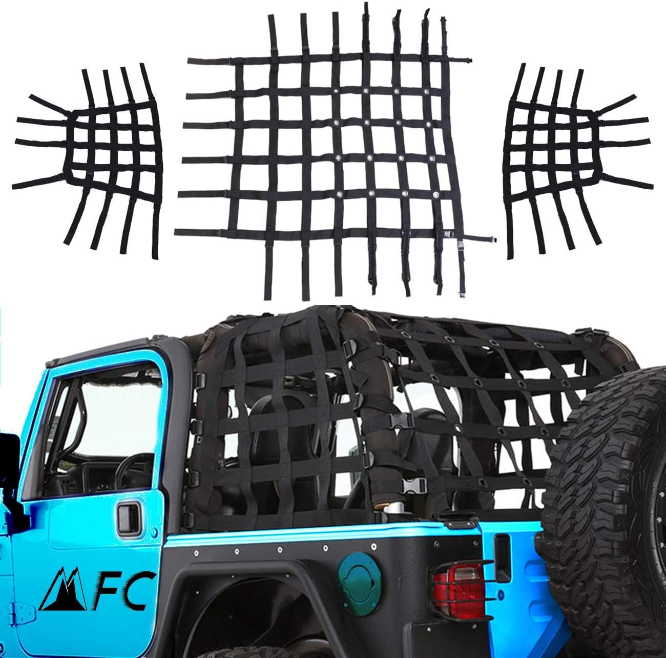 MFC Trail Cargo Net Rear Cargo Restraint System Net Trunk Cargo Mesh Net Compatible with for 1997-2006 Jeep Wrangler TJ 2 Door
