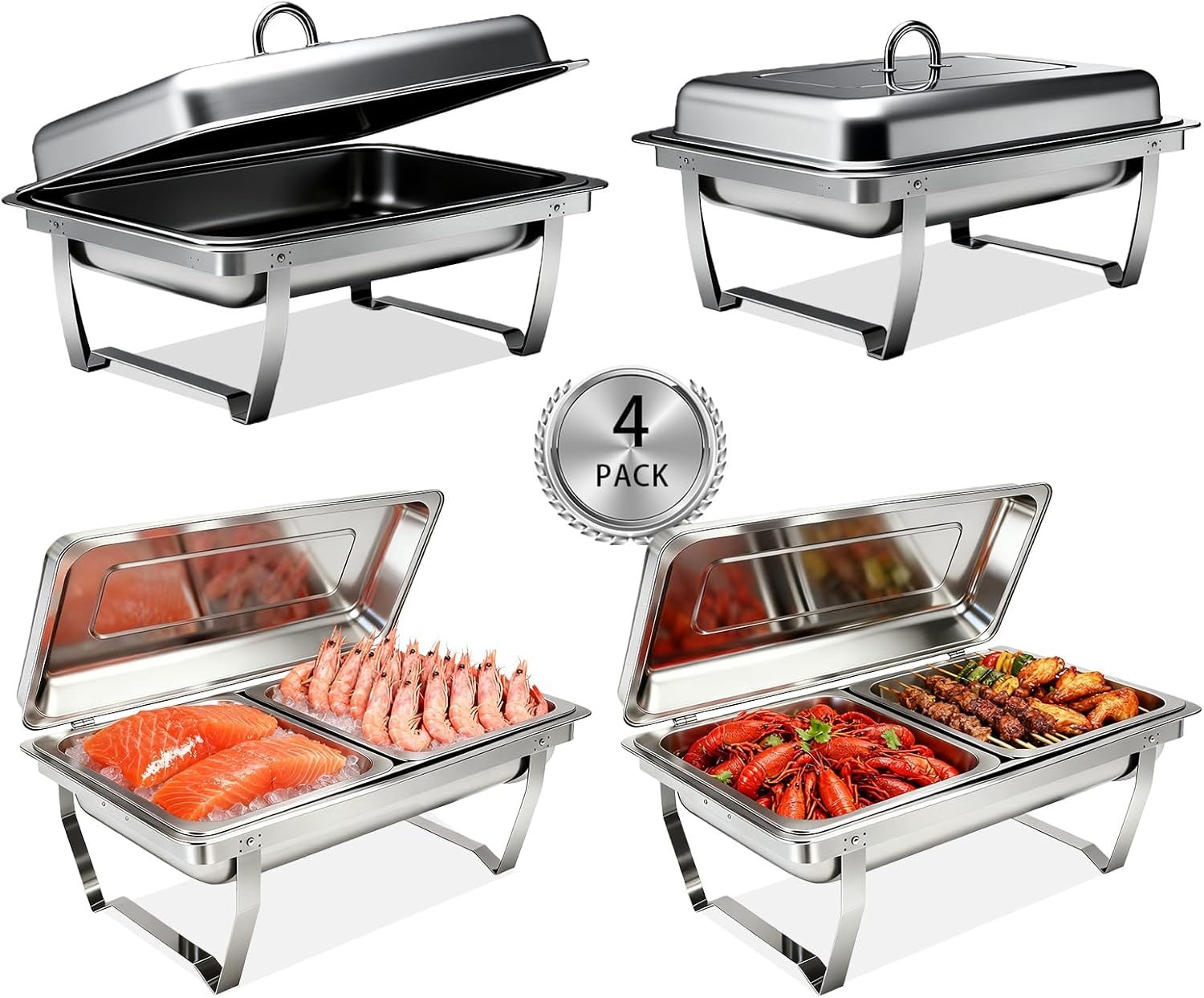 Chafing Dishes for Buffet 4 Pack, 9QT [Large Size and Sturdy] Heating and Cooling Chafing Dish Stainless Steel Food Warmers for Gatherings Banquet, Buffet, Party, Wedding (4)