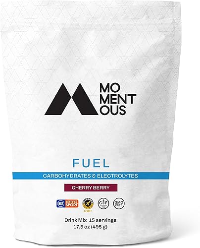 Momentous  Combustible, carbohidratos y electrolitos intraentrenamiento, 0.99 oz de carbohidratos por porción, 15 bolsas para servir, cereza