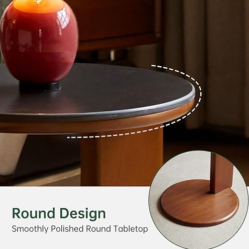 Miniatura 4 de YESWOOD Mesa auxiliar redonda, mesa auxiliar de madera con parte superior de piedra sinterizada, mesa Morden de mediados de siglo, mesa de centro