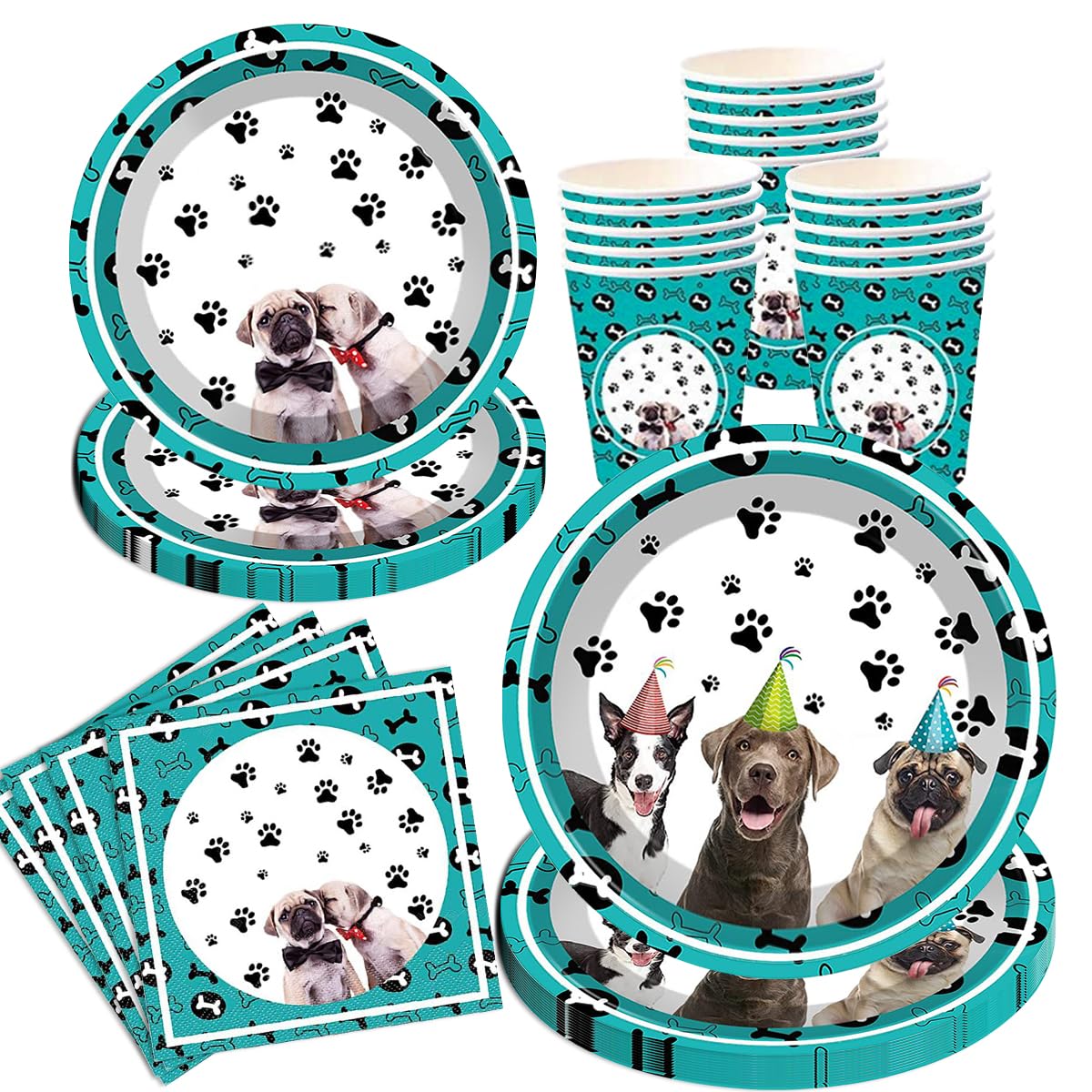 BlinBlin Dog Party Tableware Set, Dog Theme Birthday Party Supplies, Plates, Napkins, Cups for Puppy Lovers, Kids Birthday Dinnerware Set, Serves 16 Guests