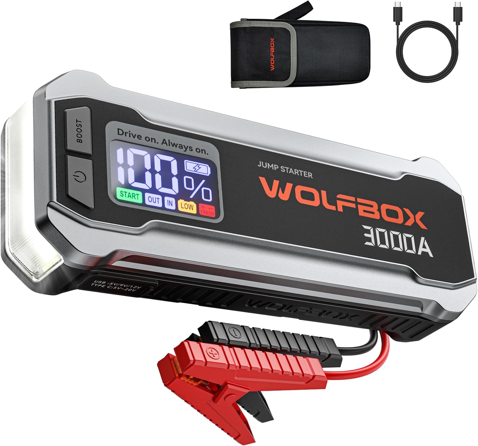 WOLFBOX 3000A Jump Starter,12V Car Battery Jump Starter with 65W Quick Charger,LED Display,59.2Wh Portable Jump Starter Battery Pack(8L Gas 6L Diesel Engine) with Booster,LED Light,Jumper Cables