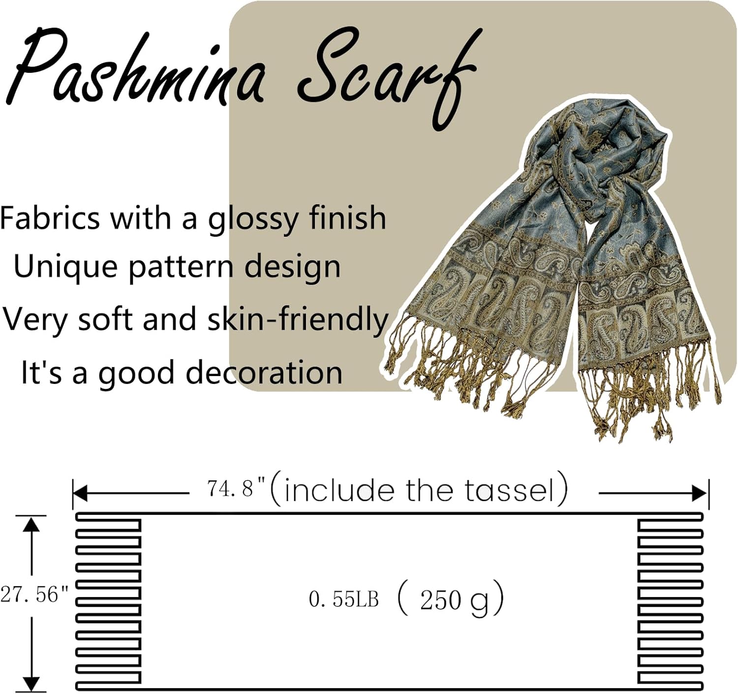 Pashmina Scarf for Women Shawls and Wraps Reversible Paisley Vintage Jacquard Soft Silky Rave Scarves Men - Image 2