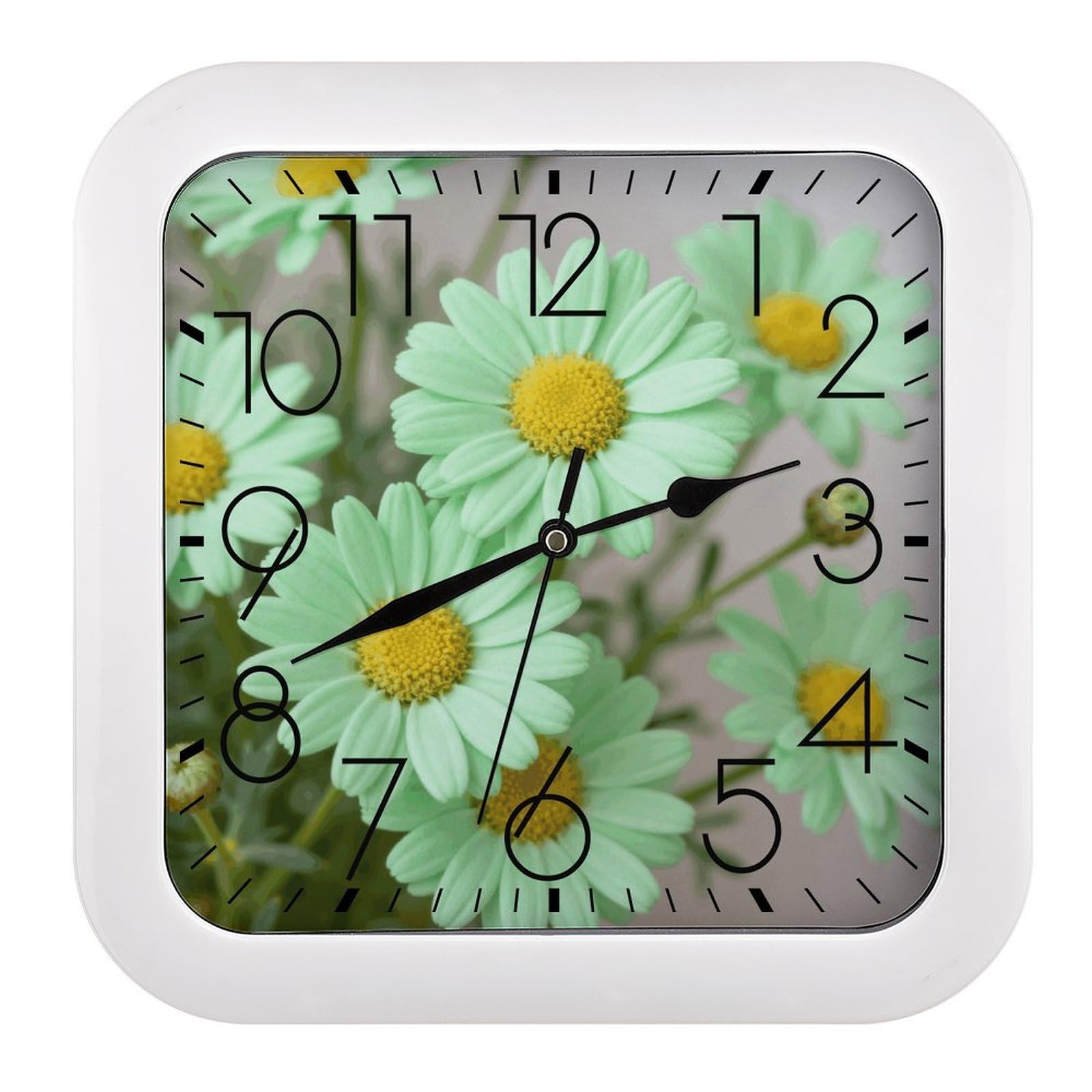 LZQPOEAS Daisy Pastel Green Square Wall Clock, 10.2 Inch Battery Operated Silent Non-Ticking Wall Clock, Square Analog Decorative Clock for Home Wall Art, Living Room, Bedroom, and Office
