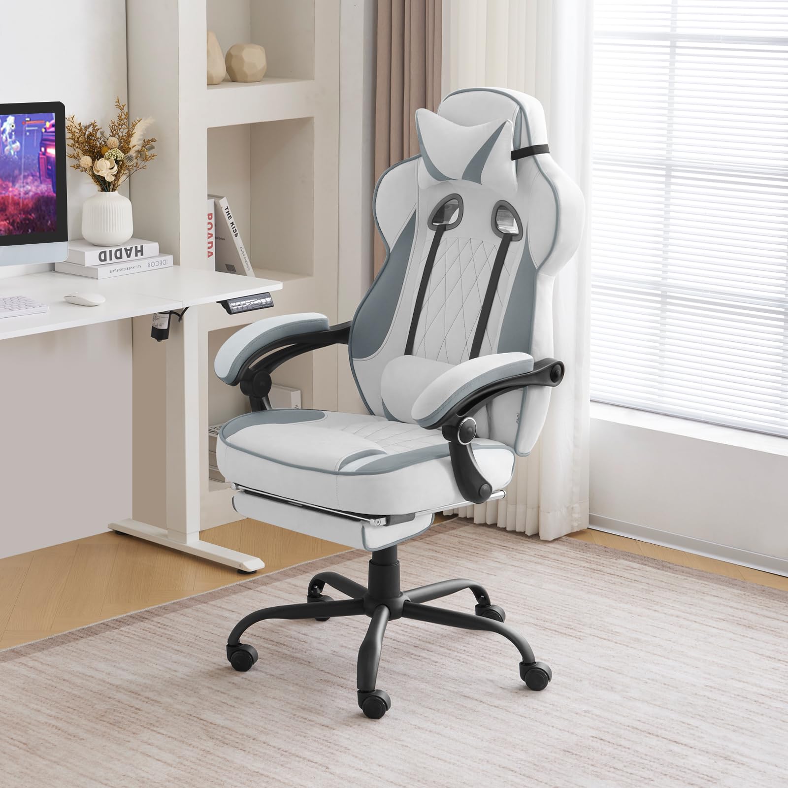 WOLTU Silla Gaming en Tela Transpirable,Ergonómica Silla Gamer,Azul+Blanco | con Reposapiés, Sillón Giratorio Videojuegos, Silla Oficina con Asiento Ancho y Cómodo para Personas Grandes