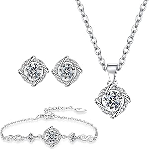 مجموعة مجوهرات للنساء، مجموعة قلادة فضية سلسلة وسوار واقراط، قلادة بتصميم زهرة البرسيم الايطالية، هدايا مجوهرات لعيد الم