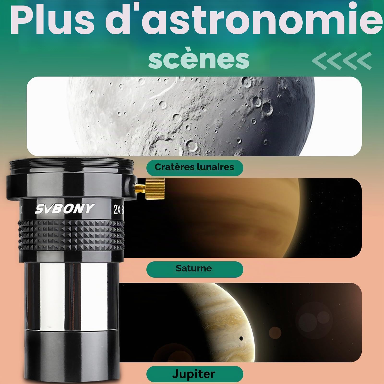 Svbony SV137 Barlow 2X, 1,25 Pouces Barlow Lentille, FMC Barlow en Métal avec Filetage en T pour l'Observation Planétaire de l'Oculaire du Télescope