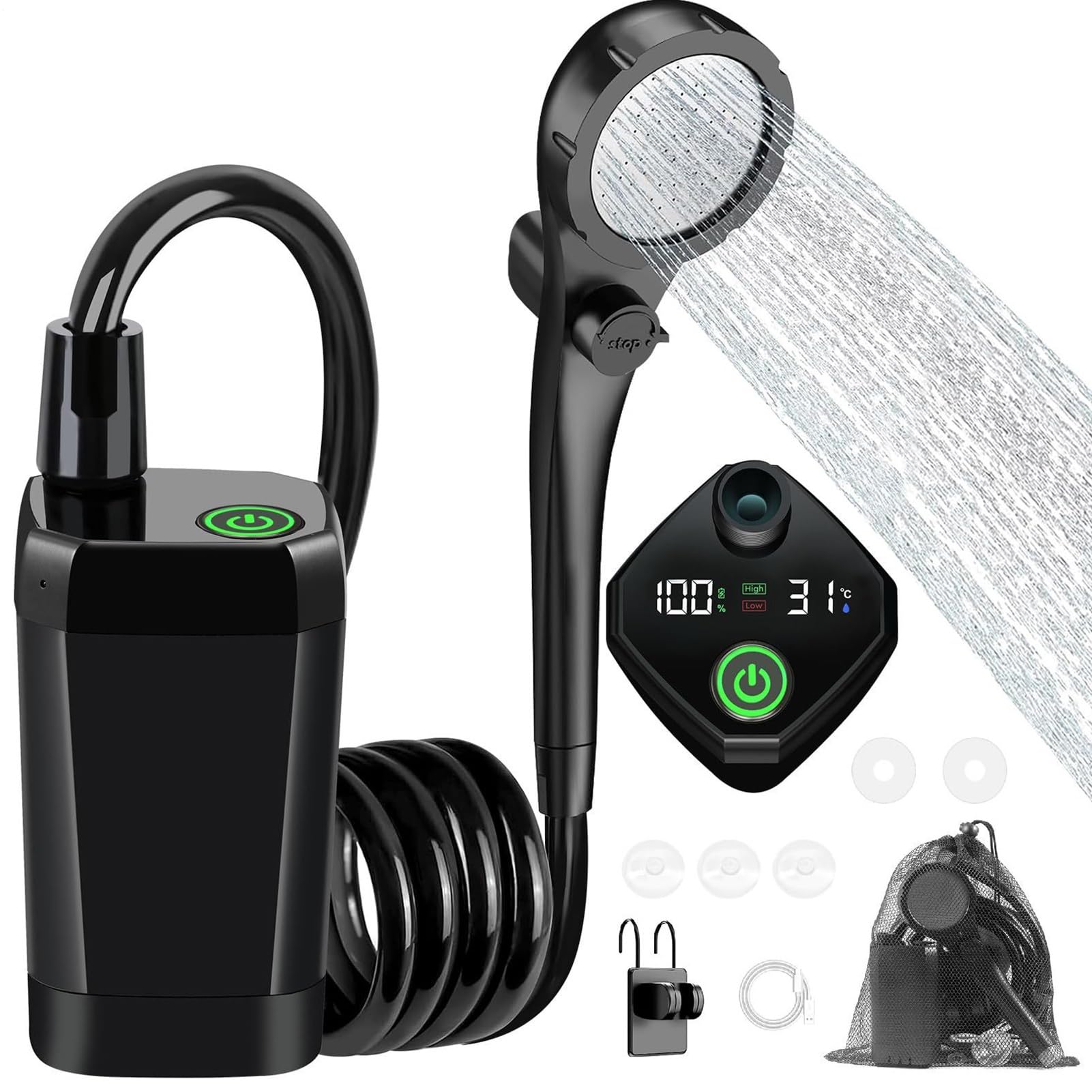 Douche portable pour camping | Douche extérieure rechargeable avec écran LED – Pompe de camping étanche avec 3 modes de pulvérisation pour jardin, plage, animal domestique, camping-car, lavage de