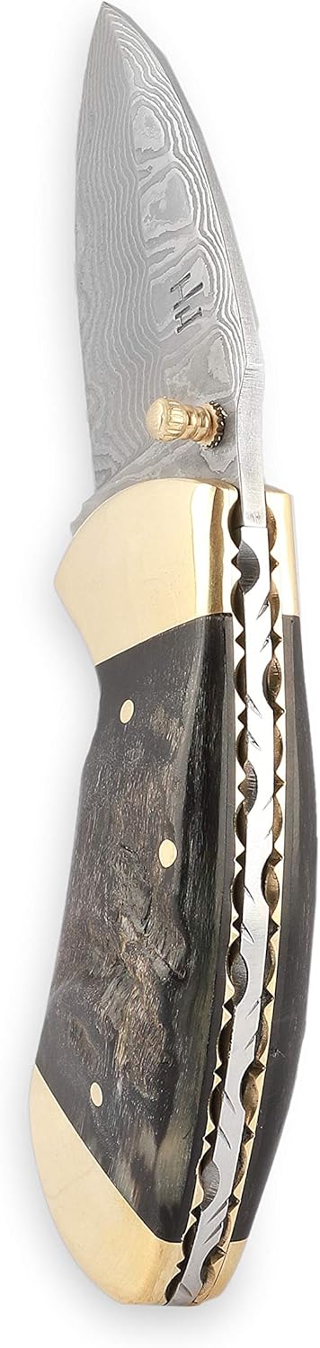Perkin Damascus Steel Folding Pocket Knife with Rams Horn Handle, 2.5 Inch Blade, Handmade Hunting Knife with Leather Sheath, Drop Point