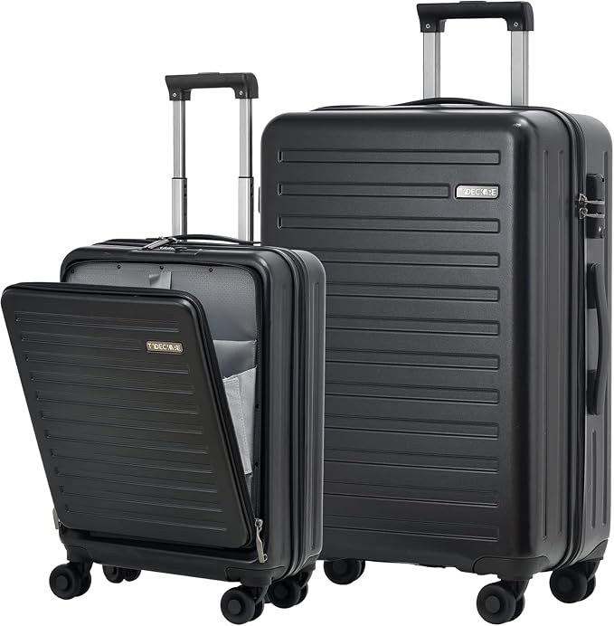 2pcs 20/28" Luggage Set Lightweight HardShell, Only 20 Inch Carry On 21.65*15.35*7.87" Cabin Suitcase with Front Pocket, 28 Inch 19.68*11.81*29.92" Checked Luggage, YKK Zipper, TSA Lock, Black