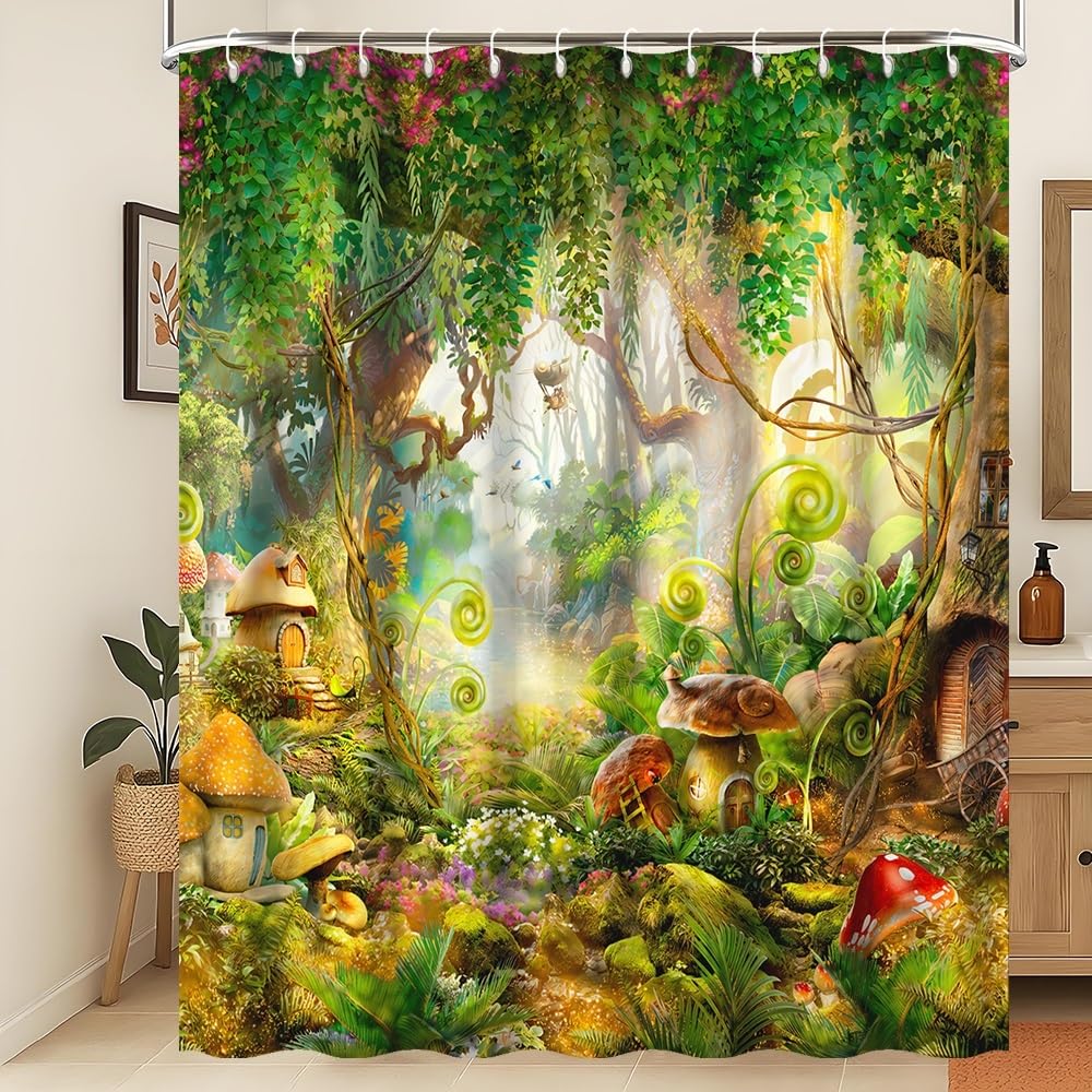 Rideau de douche tissu lavable grand format motif arbre et herbe