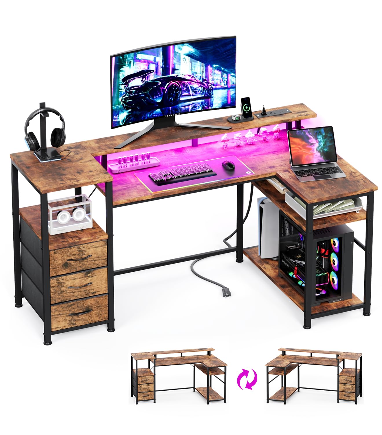 KitMent 120cm Corner Desk with 3 Drawers, Power Outlets & USB Ports, Brown