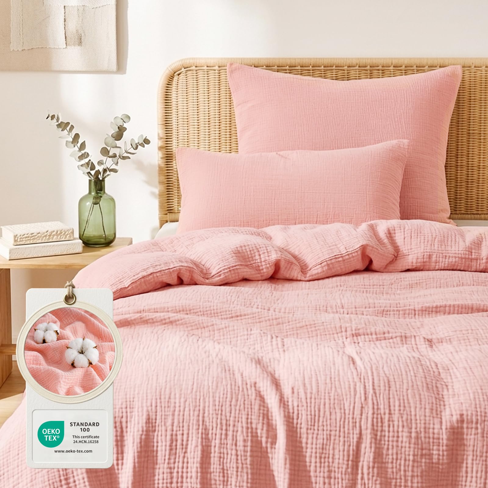 Aisbo Musselin Bettwäsche 155x220 2teilig Rosa, 100% Baumwolle Oeko-TEX® | 1 Bettbezug 155x220 cm & 1 Kissenbezug 80x80 cm mit Reißverschluss, Weich, Atmungsaktiv, Leichte Sommerbettwäsche