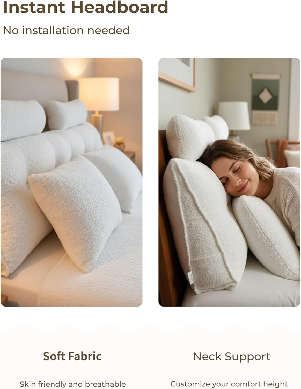 headboard pillow queen bed wedge pillow,backrest pillows,featuring two neck pillow and two body pillow,for sitting in bed backrest positioning support,sofa bed/teddy velvet/beige beige+back pillow queen