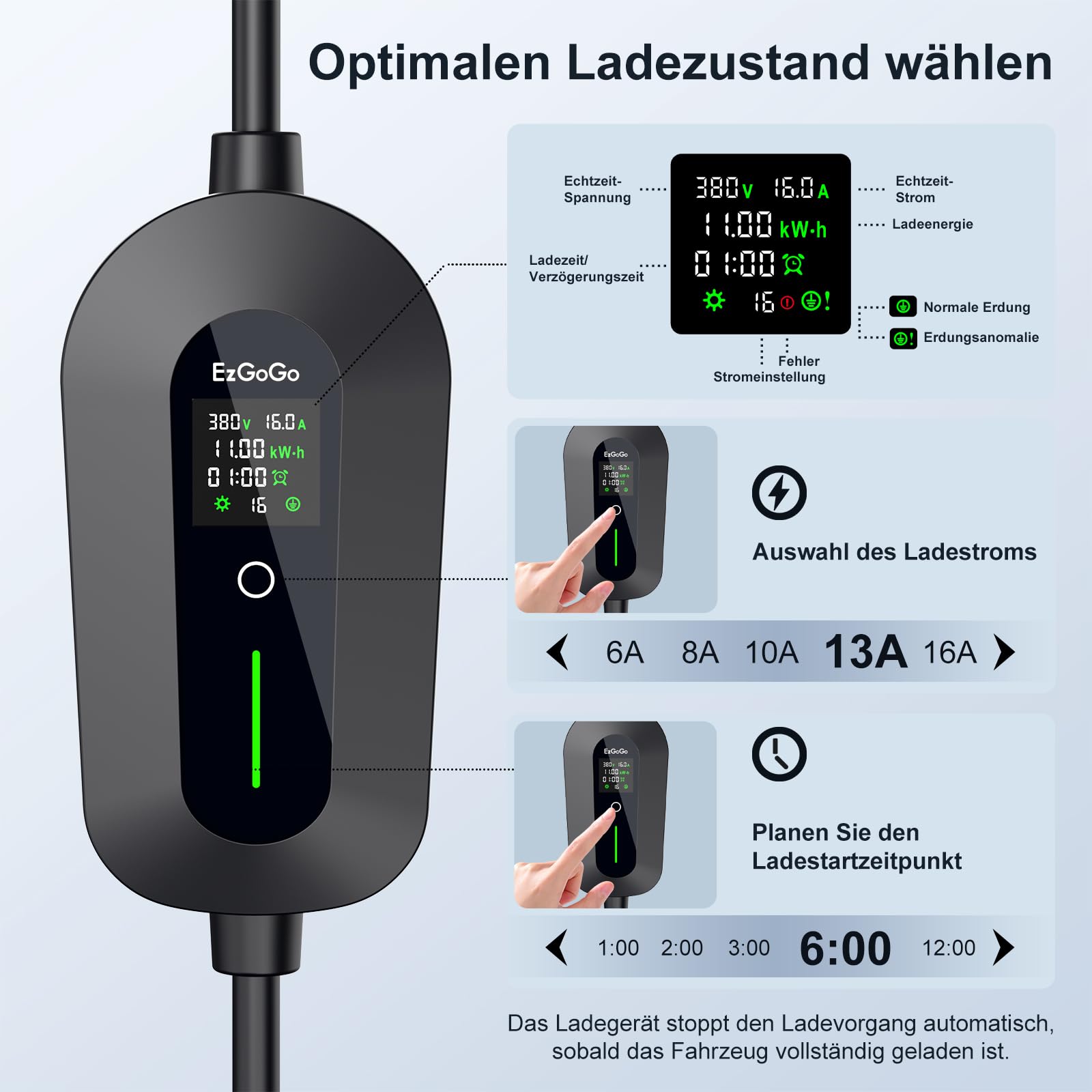 EzGoGo Wallbox Ładowarka mobilna 11 kW typ 2 (3 fazy) z kablem ładującym 10 m CEE 16 A do typu 2 | stacja ładująca EV z regulowanym prądem [6/8/10/13/16A], wysokiej jakości ochrona IP65
