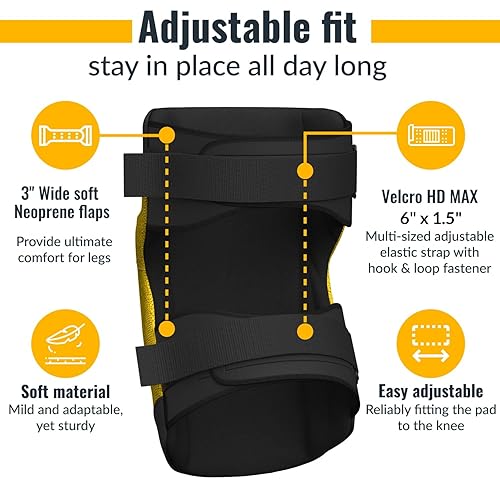 Miniatura 4 de Paclord Rodilleras PRO Roofing Style con 3 niveles de protección, amarillas, 1 par, protector de goma de soporte plano y cierres ajustables