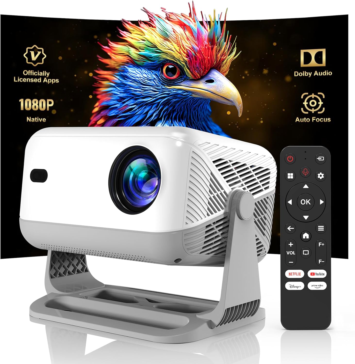 【Native 1080P & Officially-Licensed APP 】Smart Projector with WiFi and Bluetooth,350 ANSI,Auto Focus&Keystone,Home Movie Projector Supports HDMI/USB/AUDIO