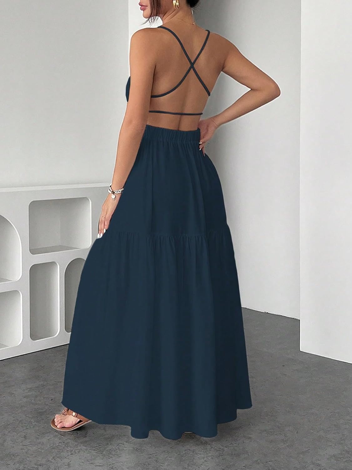 SHENHE Women's Backless Cami Dress Criss Cross Open Back Flowy Dress Ruffle Summer Vacation Maxi Sundress - Image 3