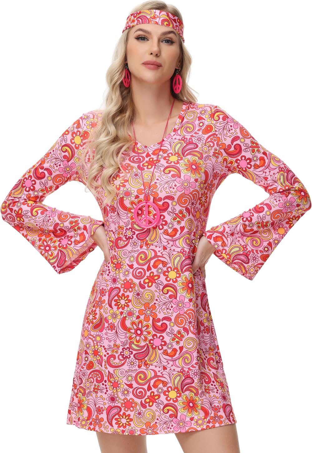 Elfin Women's Hippie Dress, 60s 70s Retro Costume with Accessories: Glasses, Headband, Necklace, Earrings for Disco Carnival - Image 3