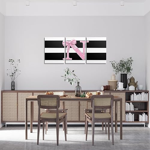 Miniatura 3 de Erosebridal Initial Letter N Artwork Posters 12"X 16" Pink Bowknot Canvas Wall Art Kawaii Sequins Bow Picture Wall Decor Black White Stripes