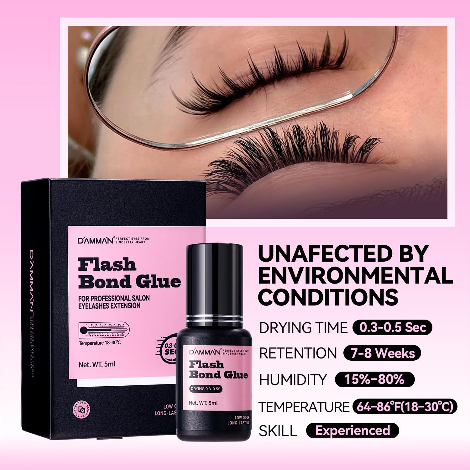 Salon Use 0.3-0.5s Eyelash Extension Glue | DAMMAN 5ml Black Lash Glue, 7-8 Weeks Long Lasting, Low Odors,Only Use for Professioanl Salon