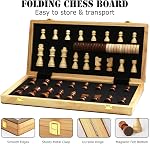 Magnetic Wooden Chess Set, Exqline 2 in 1 Chess and Checkers Board Set with 2 Extra Queen, 15 Inch Large Folding Chess Board Set, Wood Chess Board Game Handmade Pieces for Adults and Kids