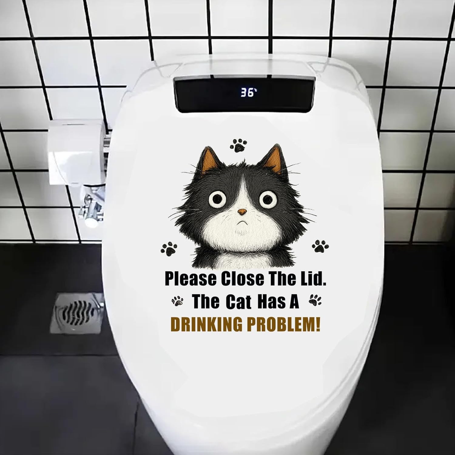 Funny Cat Close The Lid Decal Bathroom Toilet Seat Vinyl Sticker The Cat Has Drinking Problems Sign Reminder Humor Decor Waterproof Stickers for Toilet Bathroom Washroom (Black Cat)