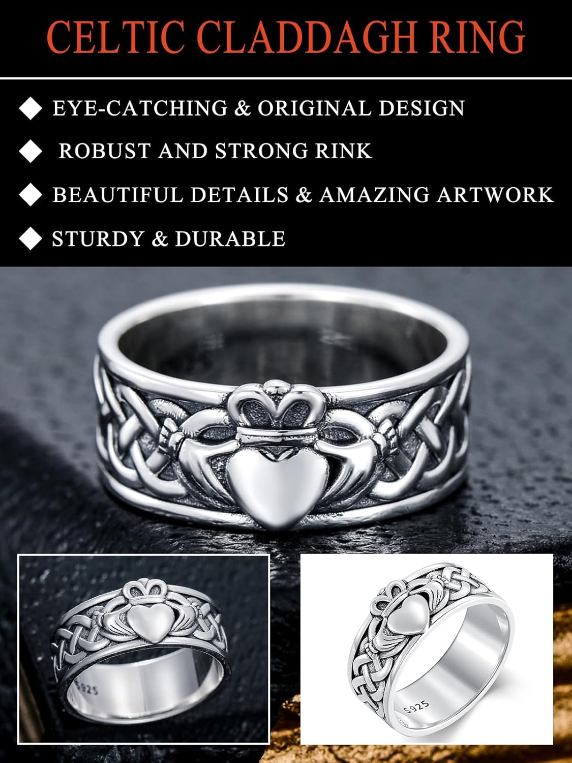 Seiyang Claddagh Ring 925 Sterling Silver Celtic Ring Jewelry Irish Band Gift for Men Women (with Gift Box) - Image 3