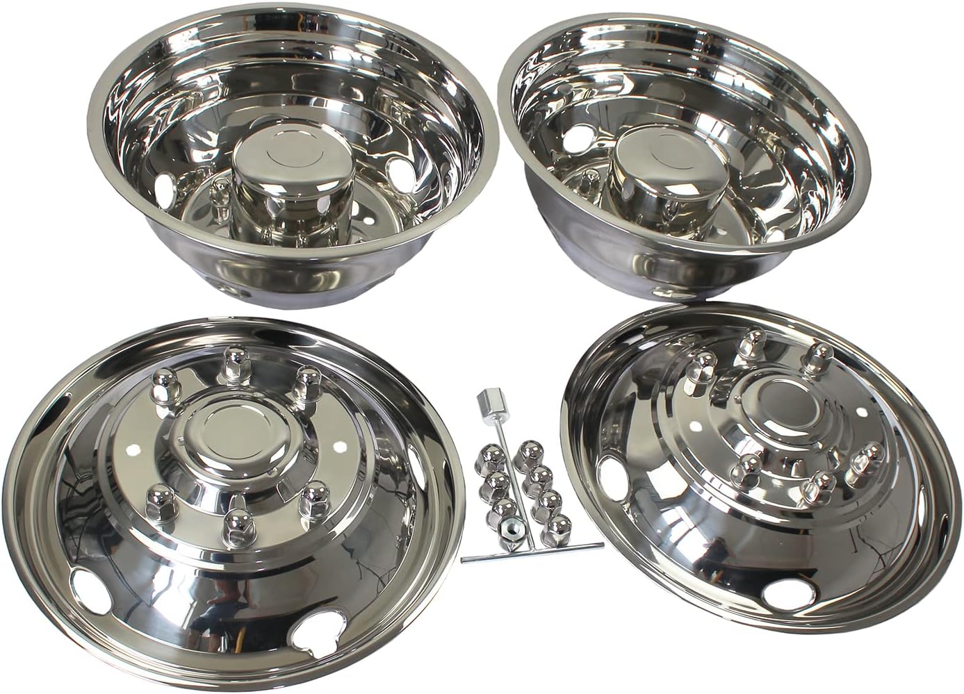 19.5 Inch 8 Lug Polished Stainless Steel Wheel Simulator 5 Vent Hole Over-The-Lug Hubcaps Fit for 2003-2004 Ford F450 F550