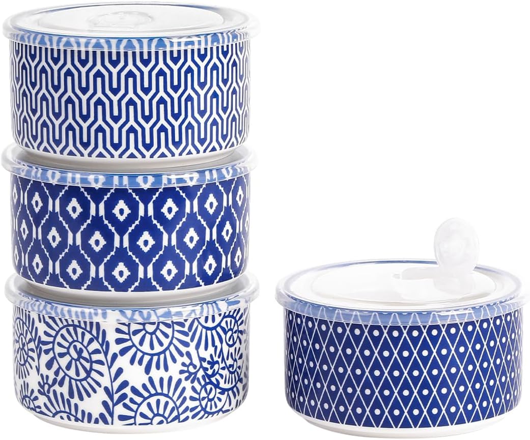 Selamica Ceramic Bowls with Lids,14 OZ Small Serving Bowls with Lids for Lunch Picnic Microwave Safe, 5 Inch Kitchen Food Storage Bowls Set of 4 for Prep, Salad, Pasta, Cereal, Vintage Blue (Vintage Blue) Thumbnail